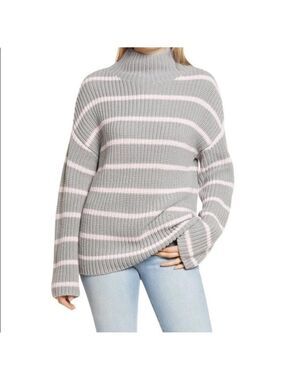 Caslon Shaker Knit Mock Neck Sweater Grey and Pink Stripes Medium NWT